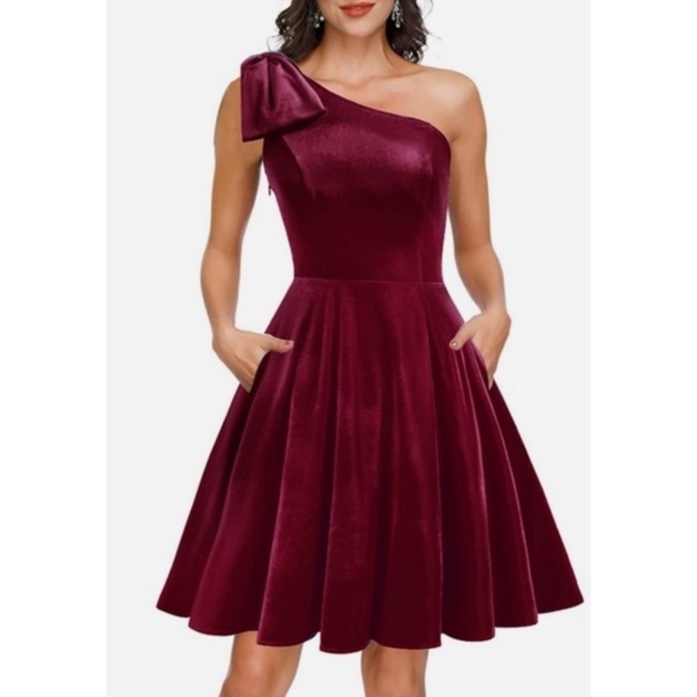 NWT JASAMBAC Wine Red Velvet One Shoulder Cocktail Dress Plus Size 2XL